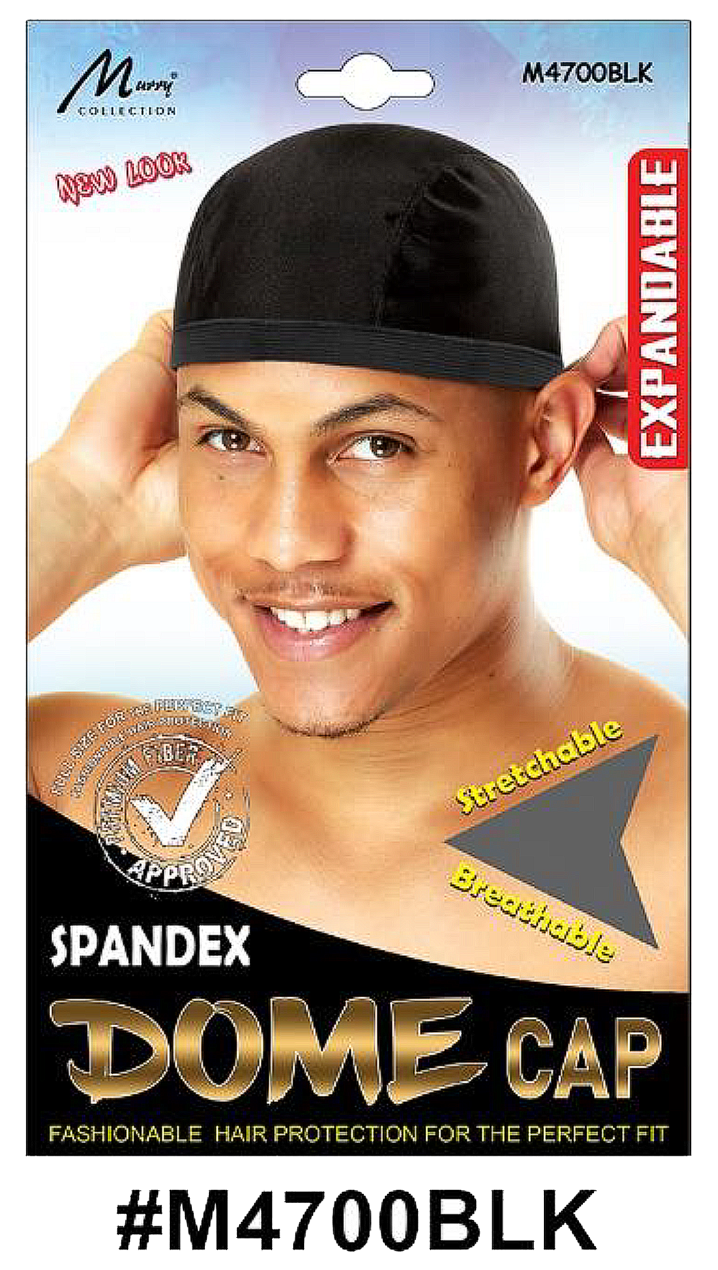 "Spandex Dome Cap (M4700BLK) - Black, stretchable, breathable, and expandable for comfort."