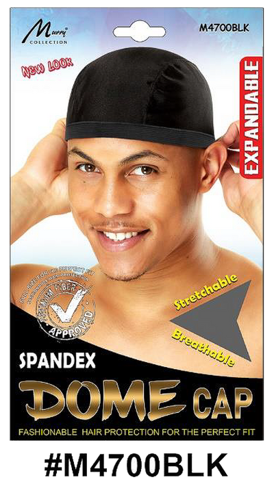 "Spandex Dome Cap (M4700BLK) - Black, stretchable, breathable, and expandable for comfort."