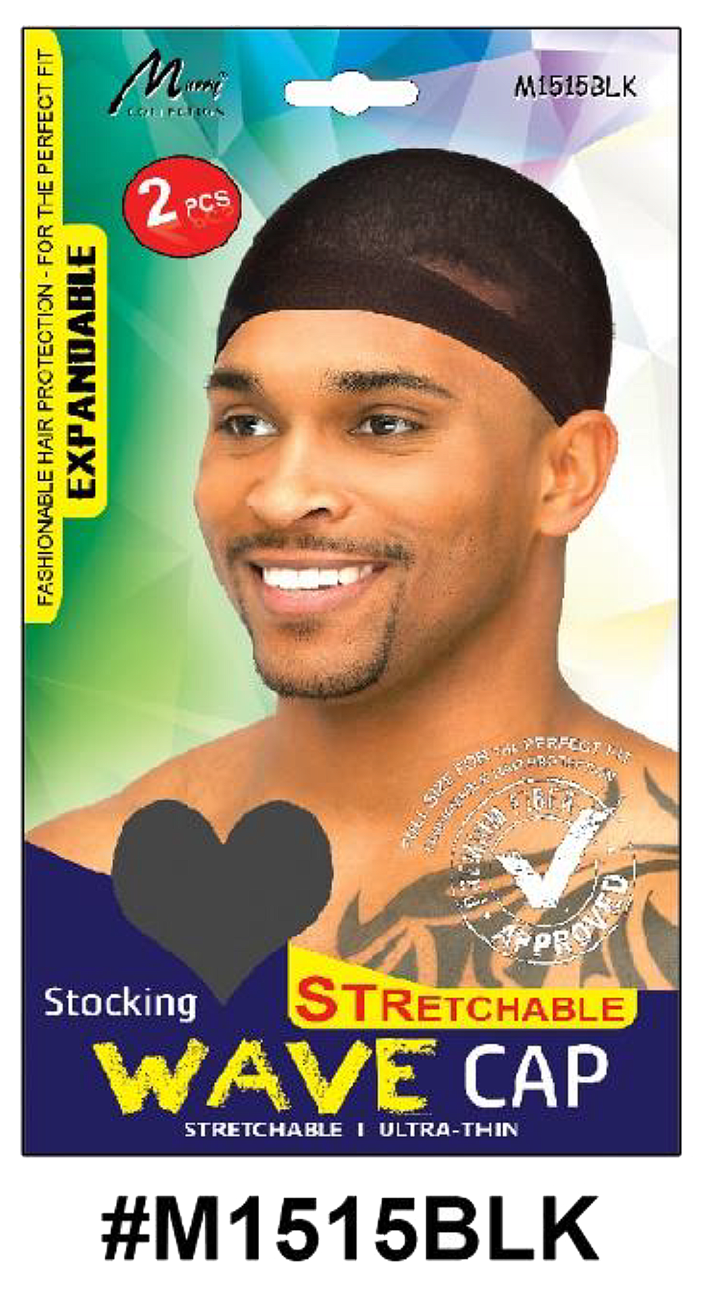 "Black stretchable stocking wave cap, ultra-thin and breathable, 2 pcs (#M1515BLK)."