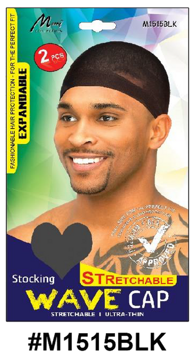 "Black stretchable stocking wave cap, ultra-thin and breathable, 2 pcs (#M1515BLK)."