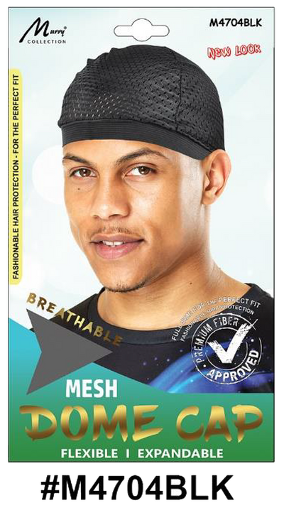 "Mesh Dome Cap (M4704BLK) - Black, breathable, flexible, and expandable mesh fabric."


