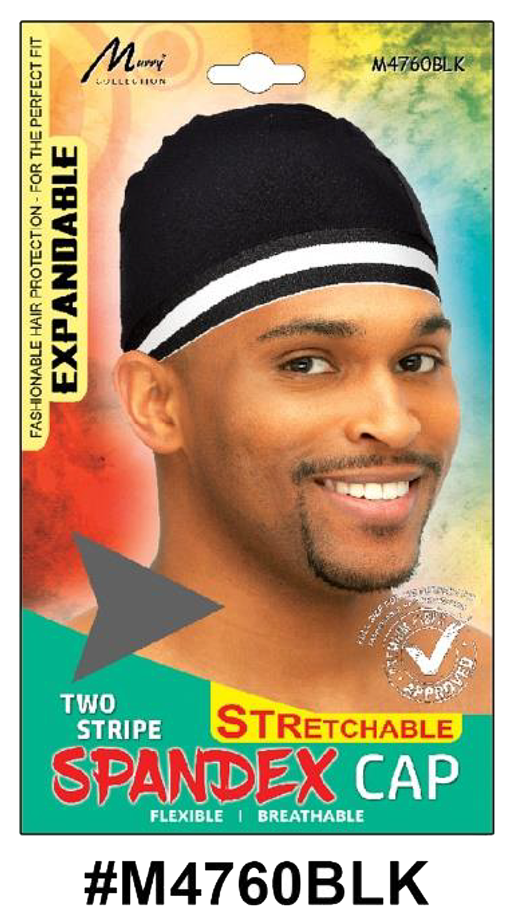 "Two-Stripe Spandex Cap (M4760BLK) - Black with white stripes, stretchable and breathable for comfort."
