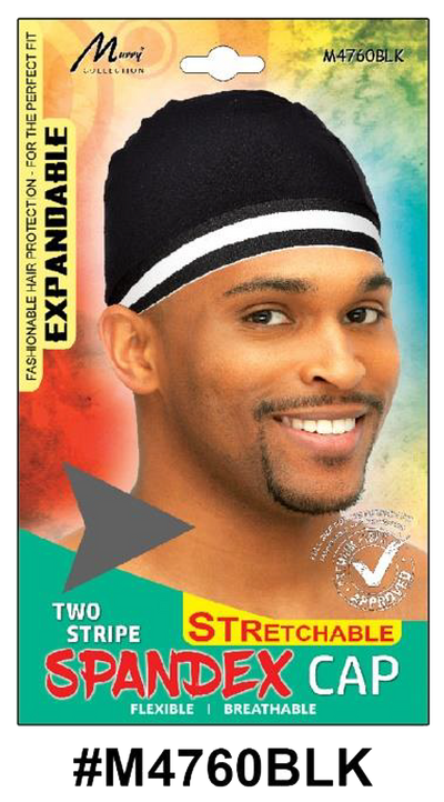 "Two-Stripe Spandex Cap (M4760BLK) - Black with white stripes, stretchable and breathable for comfort."