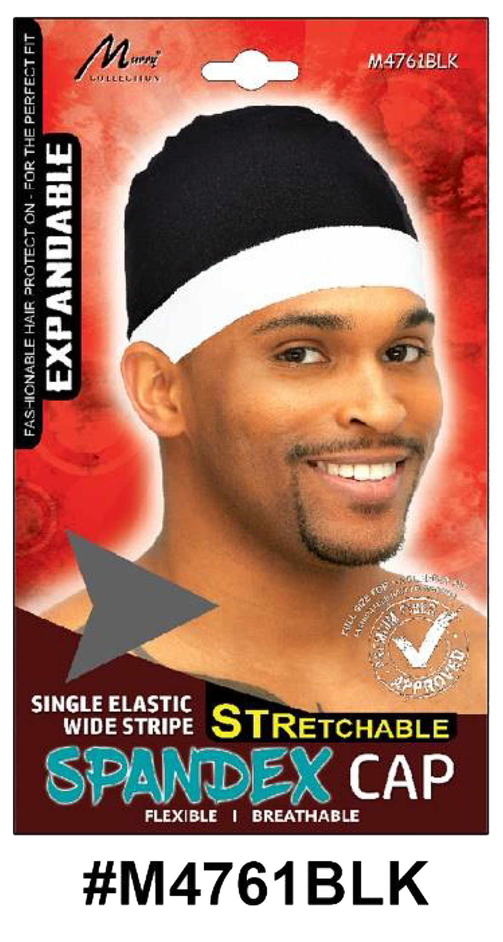 "Single Elastic Wide Stripe Spandex Cap (M4761BLK) - Black with a wide white stripe, breathable and stretchable."

