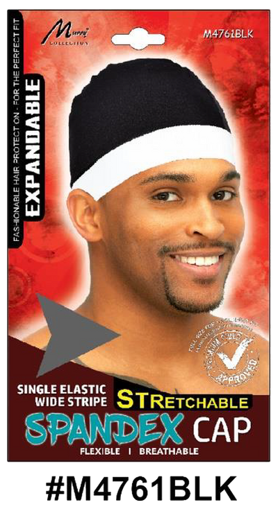 "Single Elastic Wide Stripe Spandex Cap (M4761BLK) - Black with a wide white stripe, breathable and stretchable."

