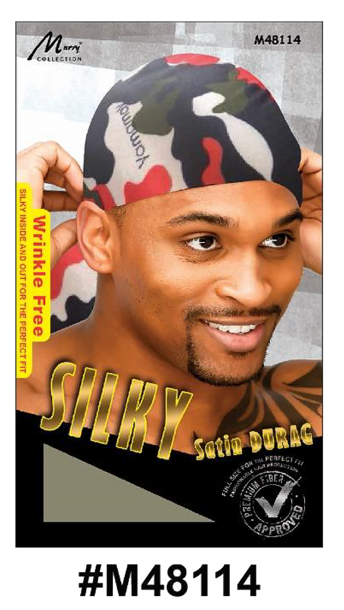 "Silky Satin Durag (M48114) - Red Camouflage, wrinkle-free design, premium fit for superior hair protection."