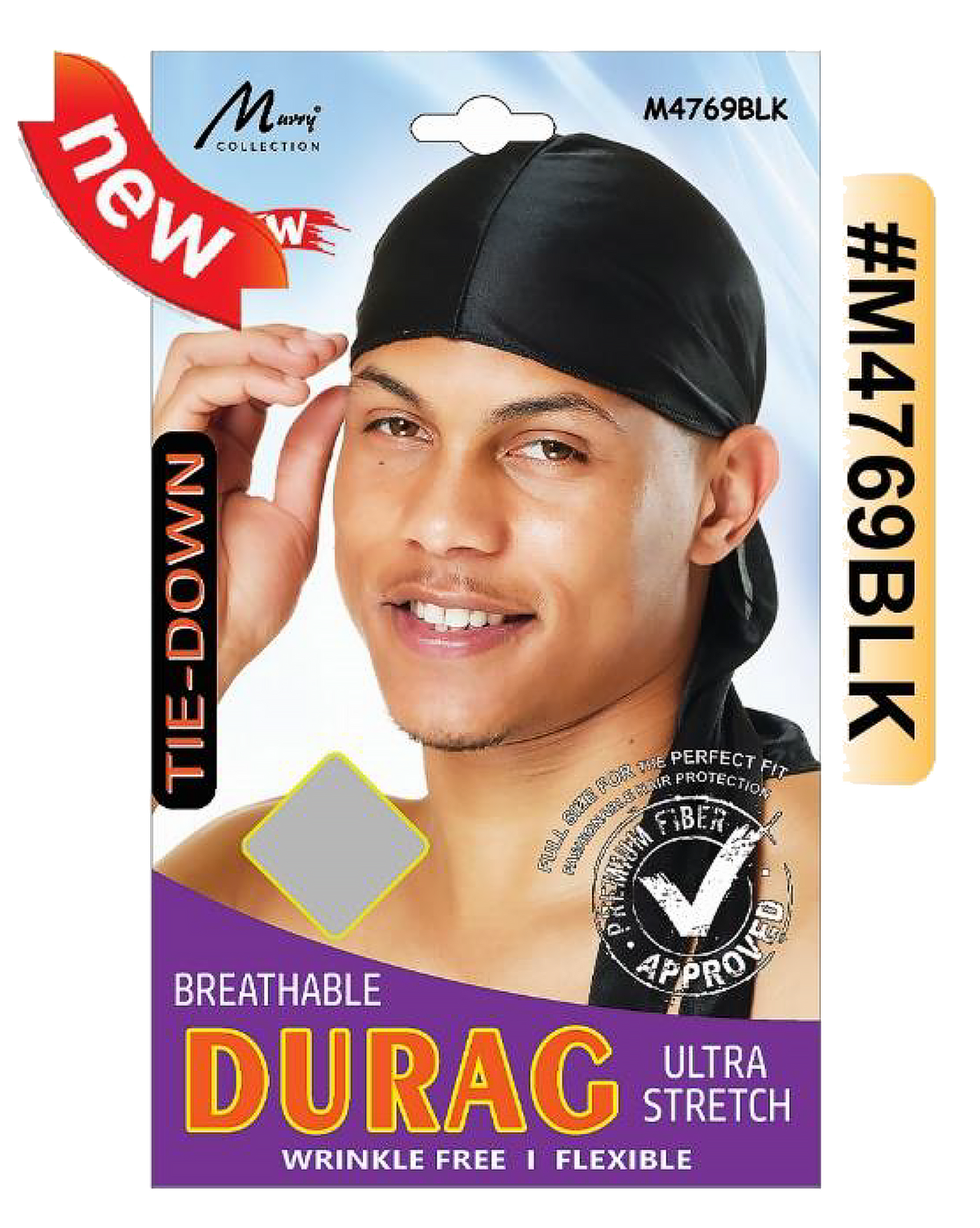 "Breathable Tie-Down Durag (M4769BLK) - Black, ultra-stretch fabric, wrinkle-free design for hair protection and wave maintenance."