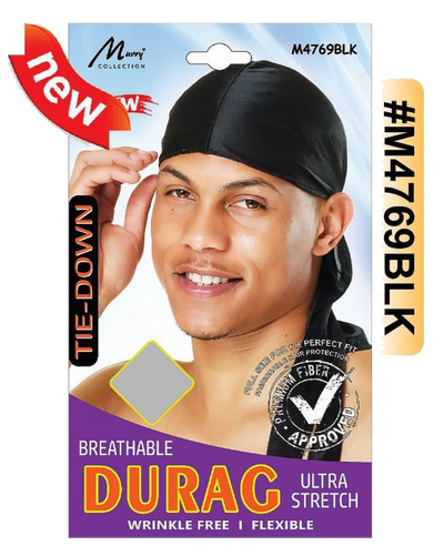 "Breathable Tie-Down Durag (M4769BLK) - Black, ultra-stretch fabric, wrinkle-free design for hair protection and wave maintenance."