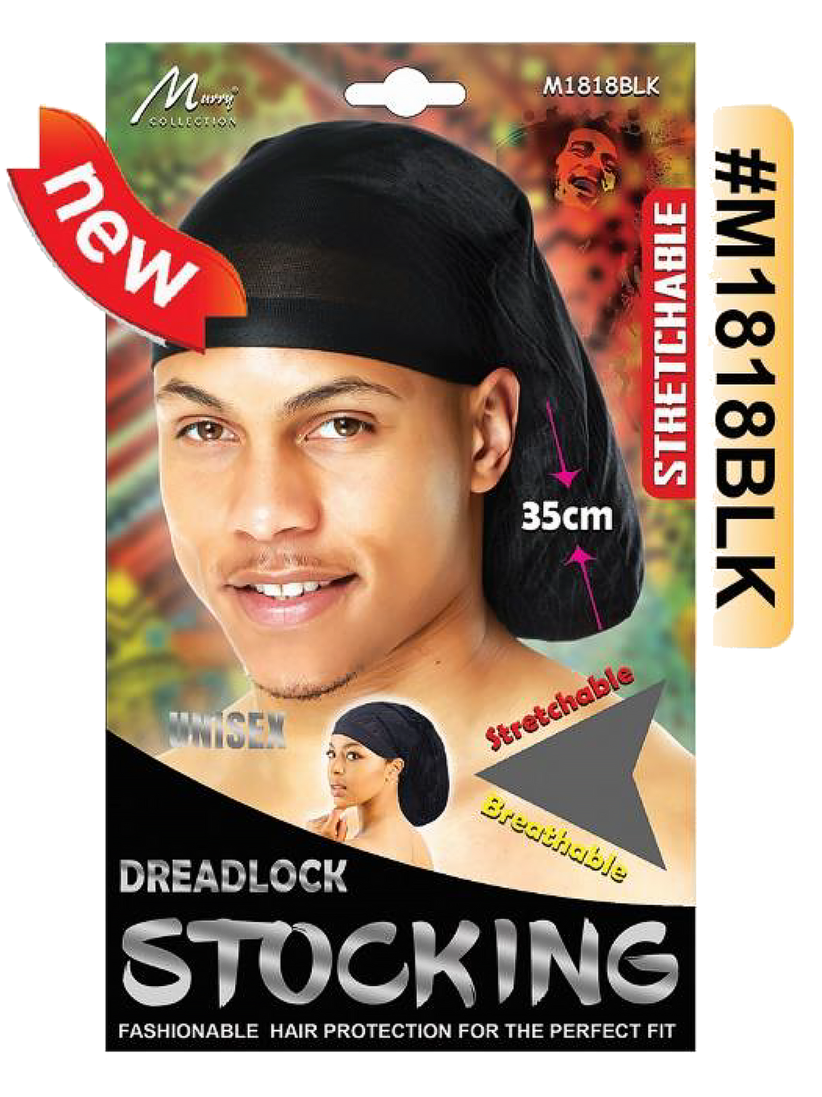 "Dreadlock Stocking (M1818BLK) - Black, 35 cm stretchable fabric, breathable design, unisex fit for dreadlocks and braids."