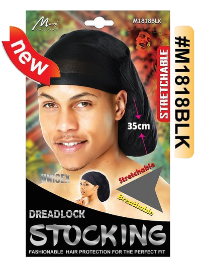 "Dreadlock Stocking (M1818BLK) - Black, 35 cm stretchable fabric, breathable design, unisex fit for dreadlocks and braids."