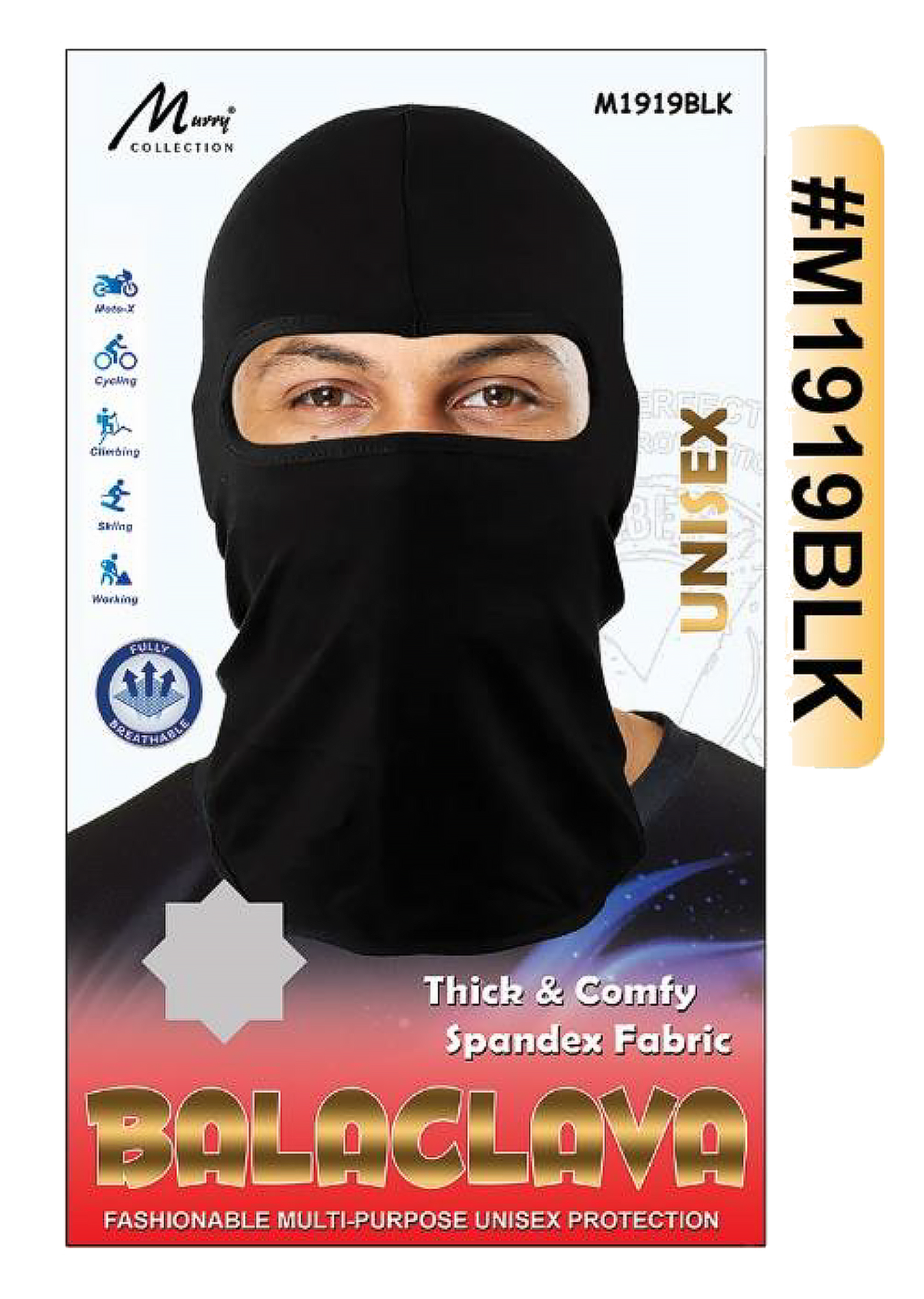 "Balaclava (M1919BLK) - Black, thick spandex fabric, unisex breathable protection for motorbiking, skiing, and outdoor activities."