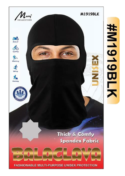 "Balaclava (M1919BLK) - Black, thick spandex fabric, unisex breathable protection for motorbiking, skiing, and outdoor activities."