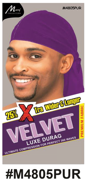 "Velvet Luxe Durag in Purple, crafted with premium velvet fabric, offering 25% extra width and length for 360 waves. (#M4805PUR)"
