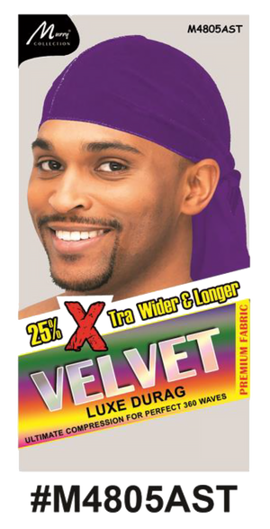 "Velvet Luxe Durag in Purple, crafted with premium velvet fabric, offering 25% extra width and length for 360 waves. (#M4805PUR)"
