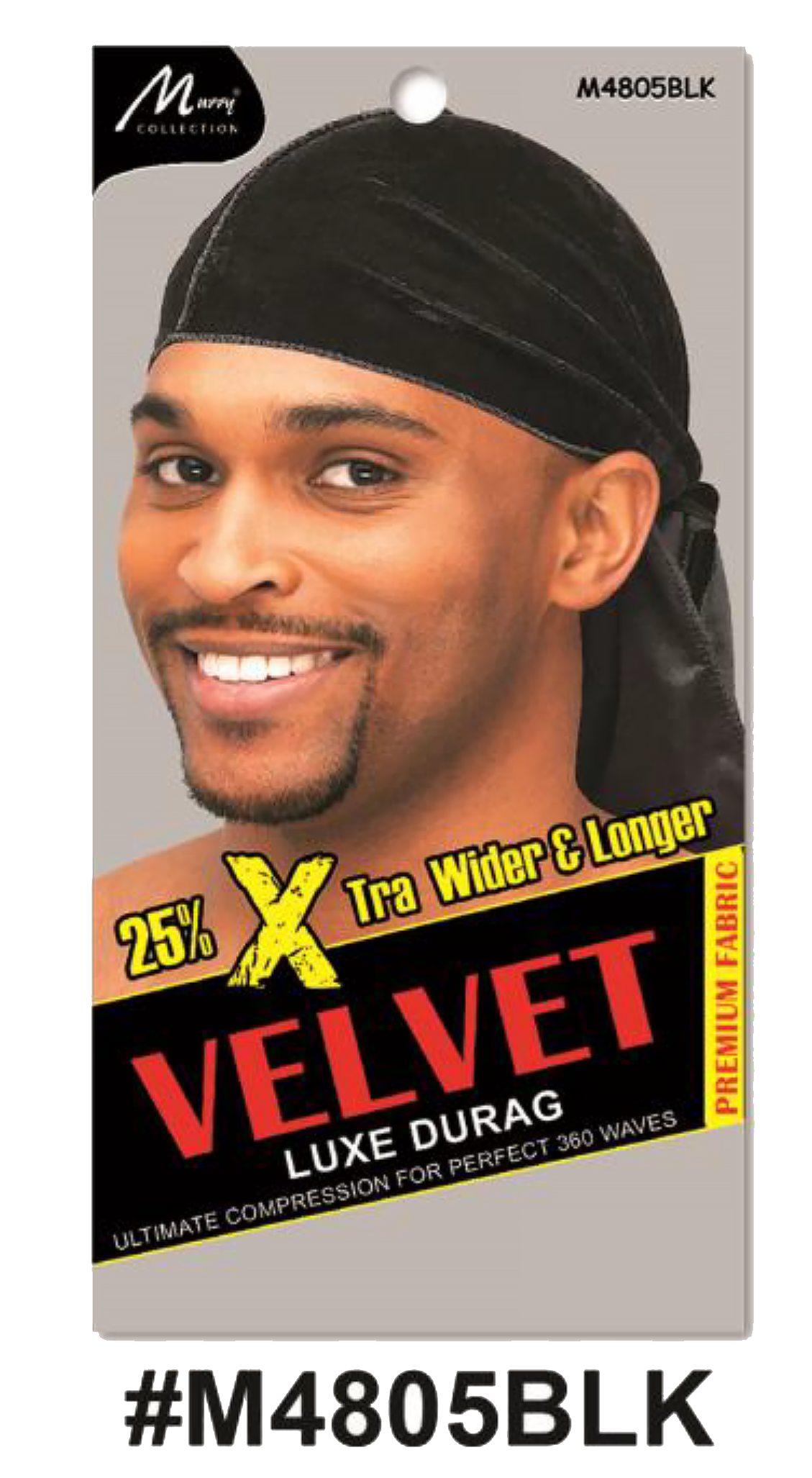 "Velvet Luxe Durag in Black, crafted with premium velvet fabric, offering 25% extra width and length for 360 waves. (#M4805BLK)"
