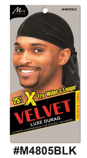 "Velvet Luxe Durag in Black, crafted with premium velvet fabric, offering 25% extra width and length for 360 waves. (#M4805BLK)"

