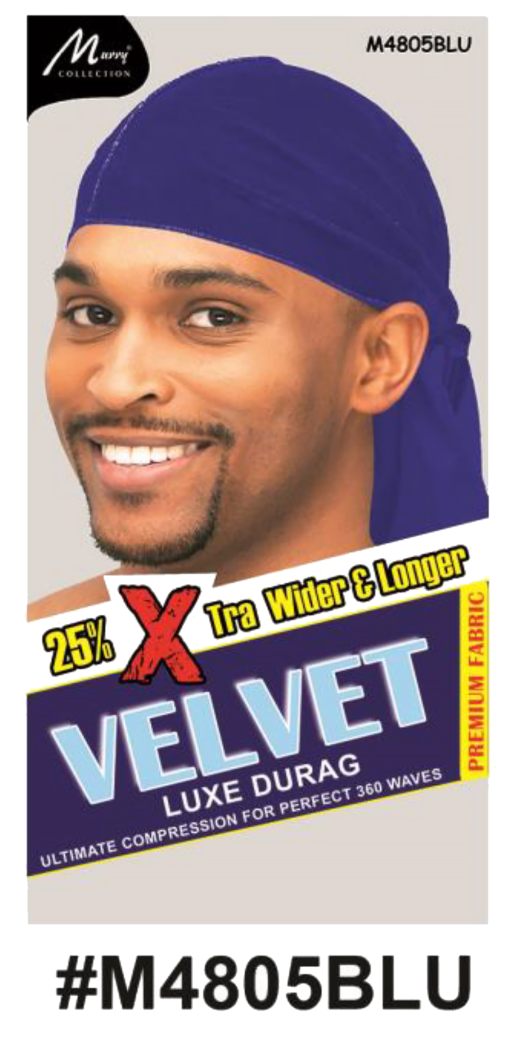 "Velvet Luxe Durag in Blue, crafted with premium velvet fabric, offering 25% extra width and length for 360 waves. (#M4805BLU)"
