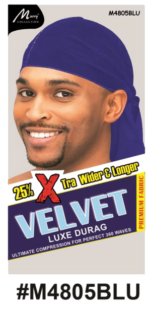 "Velvet Luxe Durag in Blue, crafted with premium velvet fabric, offering 25% extra width and length for 360 waves. (#M4805BLU)"
