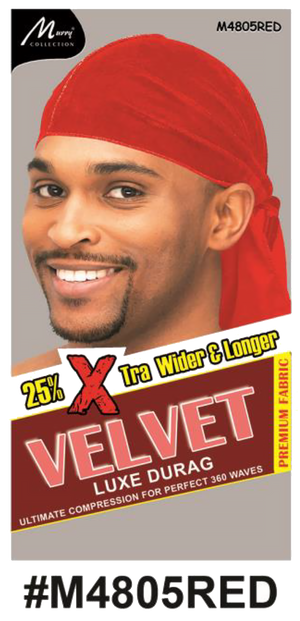"Velvet Luxe Durag in Red, crafted with premium velvet fabric, offering 25% extra width and length for 360 waves. (#M4805RED)"
