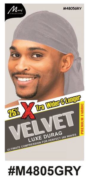 "Velvet Luxe Durag in Grey, crafted with premium velvet fabric, offering 25% extra width and length for 360 waves. (#M4805GRY)"
