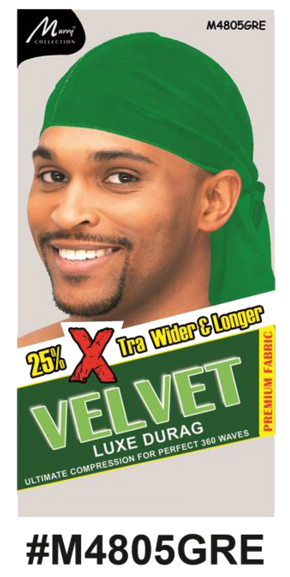 "Velvet Luxe Durag in Green, crafted with premium velvet fabric, offering 25% extra width and length for 360 waves. (#M4805GRE)"
