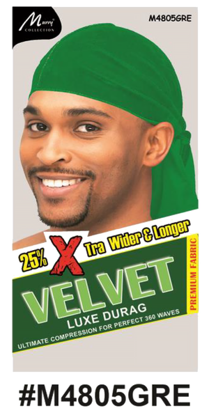 "Velvet Luxe Durag in Green, crafted with premium velvet fabric, offering 25% extra width and length for 360 waves. (#M4805GRE)"
