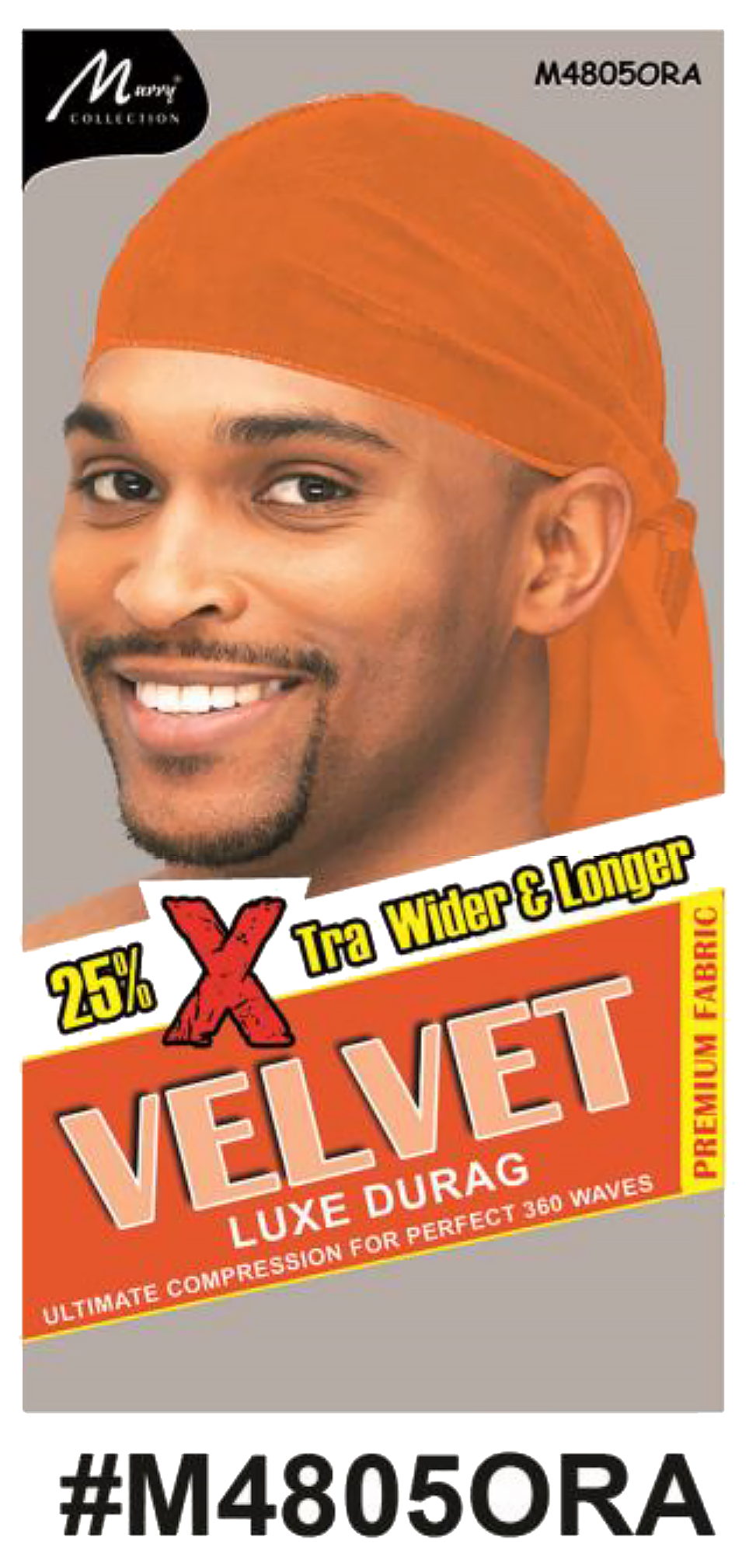 "Velvet Luxe Durag in Orange, crafted with premium velvet fabric, offering 25% extra width and length for 360 waves. (#M4805ORA)"
