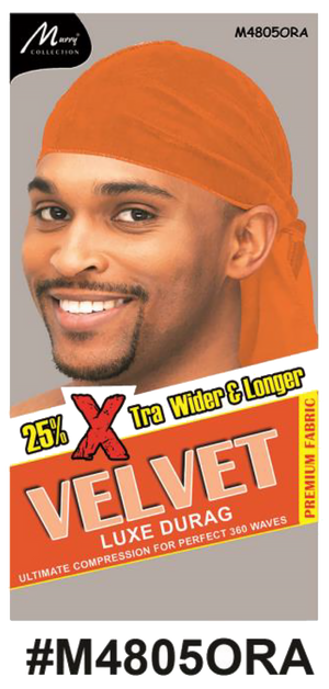"Velvet Luxe Durag in Orange, crafted with premium velvet fabric, offering 25% extra width and length for 360 waves. (#M4805ORA)"
