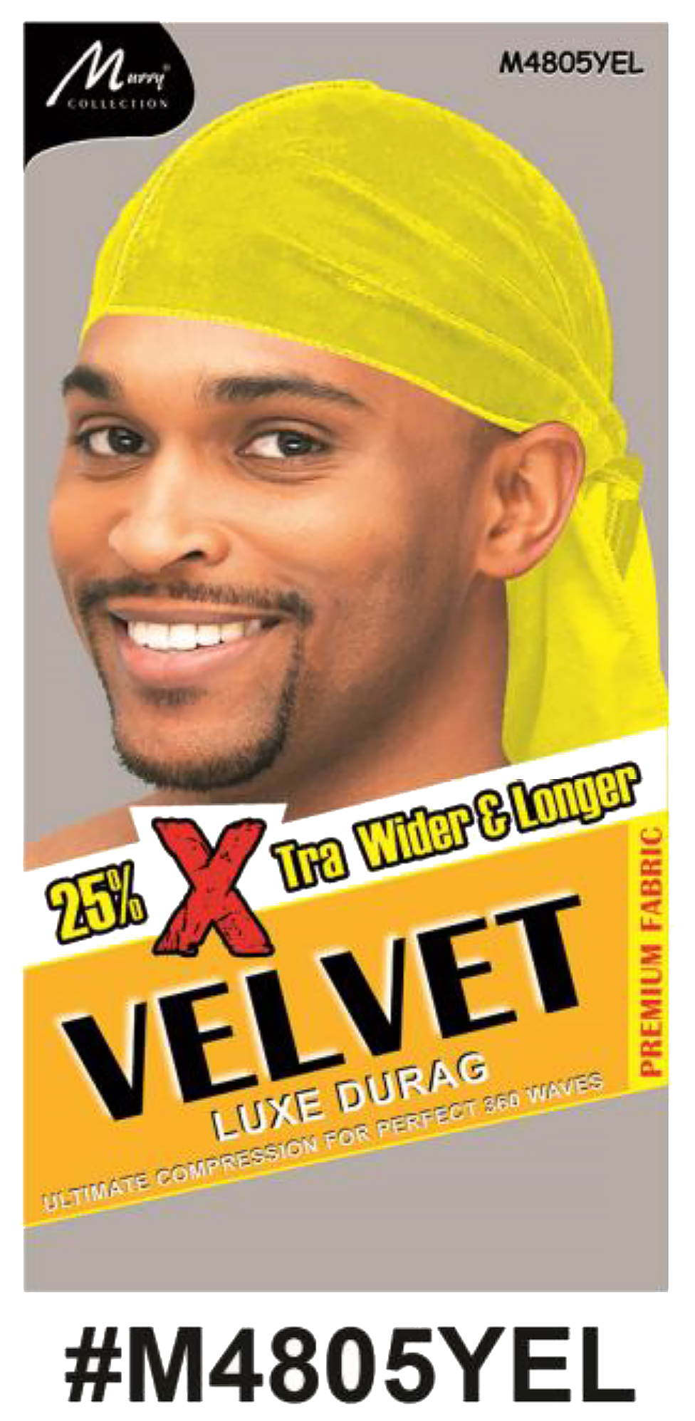 "Velvet Luxe Durag in Yellow, crafted with premium velvet fabric, offering 25% extra width and length for 360 waves. (#M4805YEL)"
