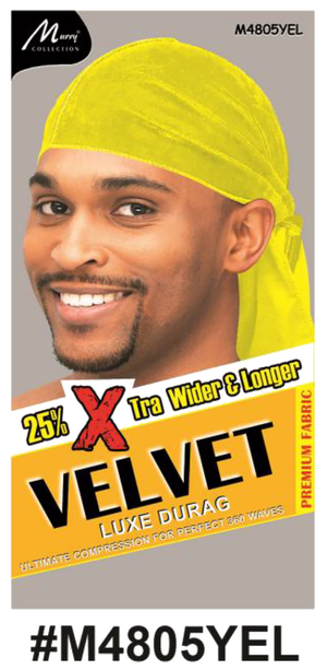 "Velvet Luxe Durag in Yellow, crafted with premium velvet fabric, offering 25% extra width and length for 360 waves. (#M4805YEL)"

