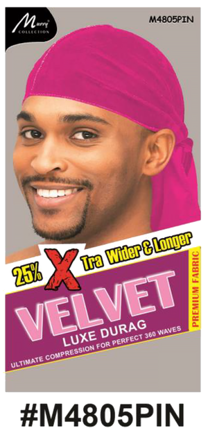 "Velvet Luxe Durag in Pink, crafted with premium velvet fabric, offering 25% extra width and length for 360 waves. (#M4805PIN)"
