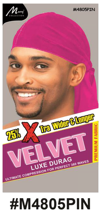 "Velvet Luxe Durag in Pink, crafted with premium velvet fabric, offering 25% extra width and length for 360 waves. (#M4805PIN)"
