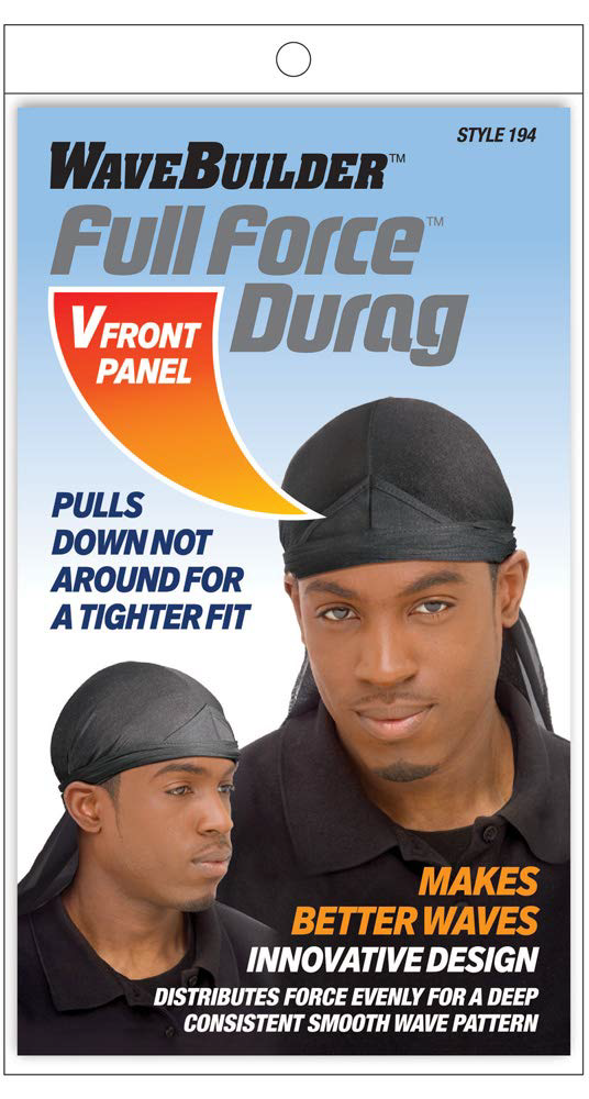 WaveBuilder Full Force Durag, Black, V Front Panel Design, Tight Fit, Better Wave Creation, Style 194.

