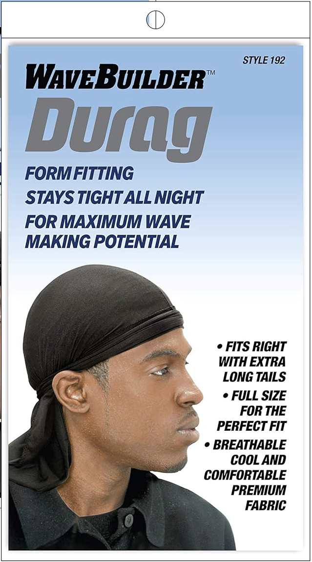 WaveBuilder Durag Style 192 with form-fitting design, extra long tails, and premium breathable fabric for maximum wave-making potential.