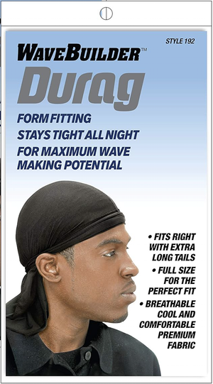 WaveBuilder Durag Style 192 with form-fitting design, extra long tails, and premium breathable fabric for maximum wave-making potential.
