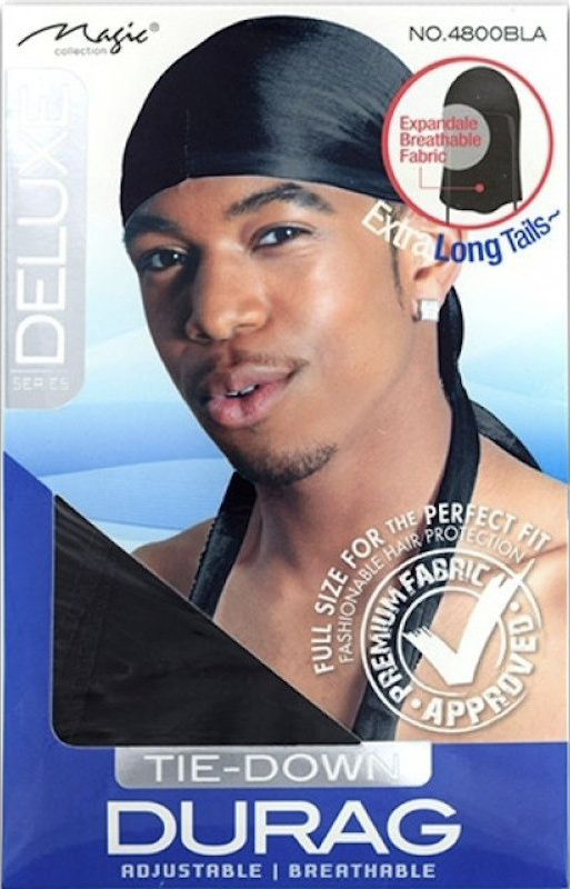 Alt Text: "Deluxe Tie-Down Durag in Black (#4800BLA) with Expandable Breathable Fabric and Extra Long Tails."

