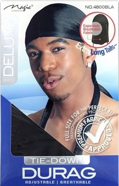 Alt Text: "Deluxe Tie-Down Durag in Black (#4800BLA) with Expandable Breathable Fabric and Extra Long Tails."
