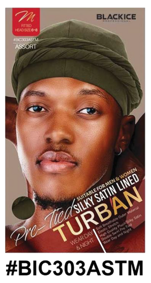 "BlackIce Professional Pre-Tied Silky Satin Lined Turban in Assorted Colors - Double Sewn Design for Men & Women (#BIC303ASTM)."
