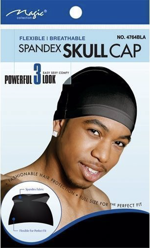 "Packaging for Magic Collection Spandex Skull Cap, product number 4764BLA, featuring a black spandex cap, flexible and breathable fabric, and close-up of the spandex material."