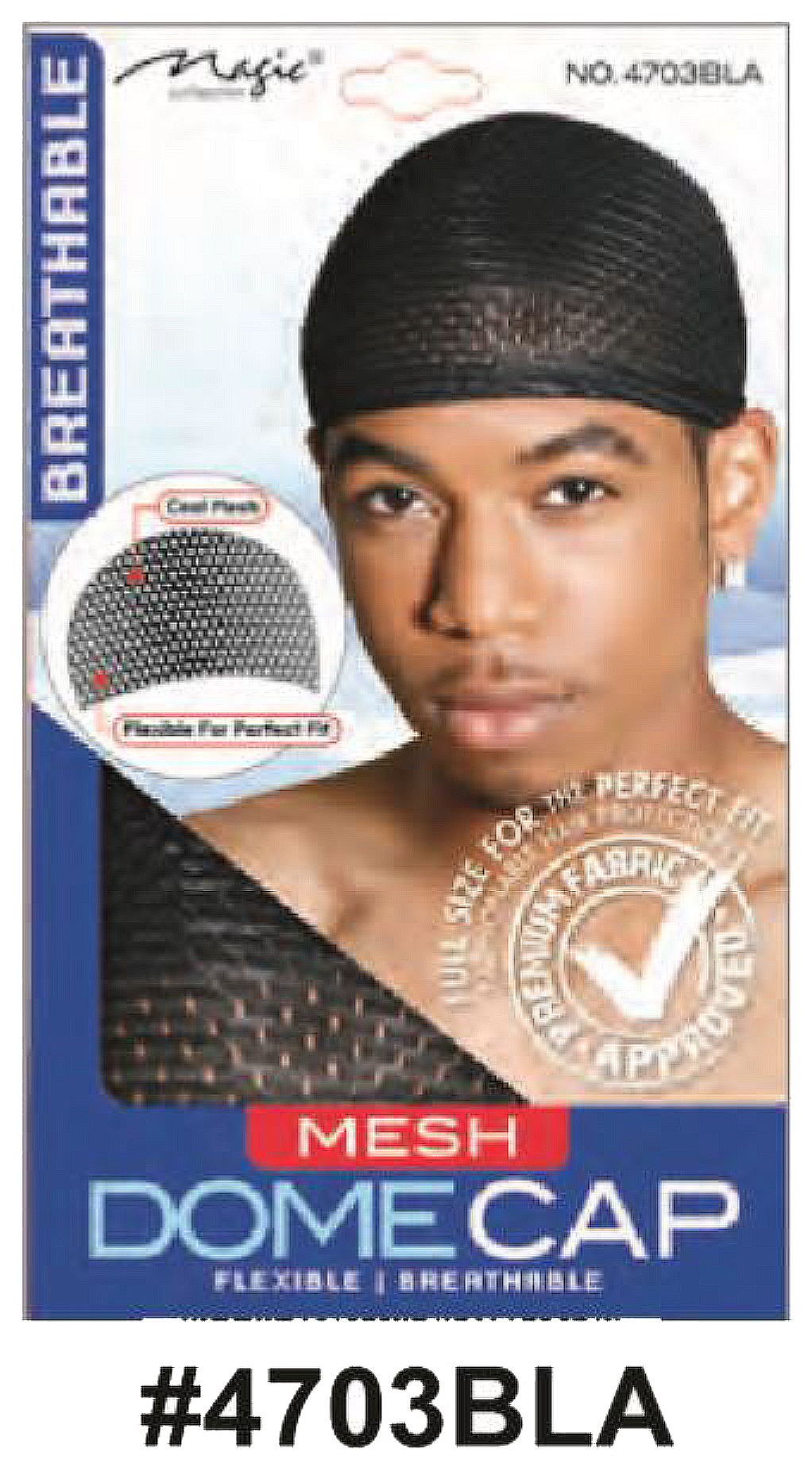 "Packaging for Magic Mesh Dome Cap, product number 4703BLA, featuring a black mesh cap, breathable and flexible fabric, and close-up of the mesh material."