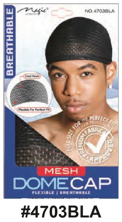 "Packaging for Magic Mesh Dome Cap, product number 4703BLA, featuring a black mesh cap, breathable and flexible fabric, and close-up of the mesh material."