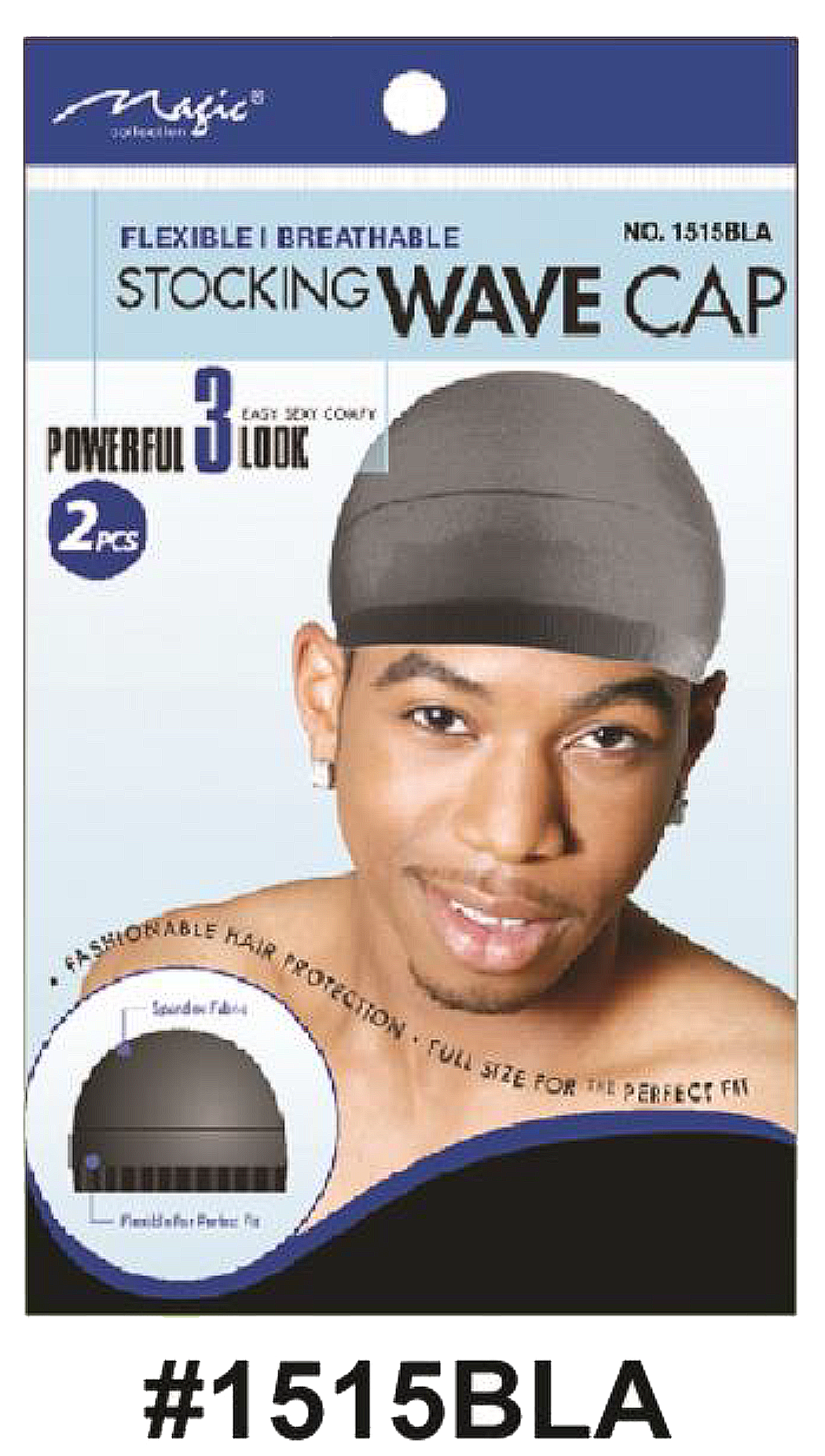 "Magic Collection Stocking Wave Cap in Black (#1515AST) - Flexible and Breathable, Full Size for Perfect Fit, 2 Pieces, Unisex Design."