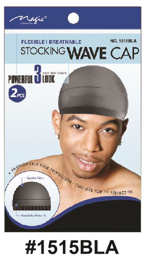 "Magic Collection Stocking Wave Cap in Black (#1515AST) - Flexible and Breathable, Full Size for Perfect Fit, 2 Pieces, Unisex Design."