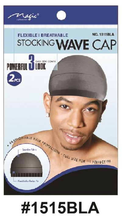 "Magic Collection Stocking Wave Cap in Black (#1515AST) - Flexible and Breathable, Full Size for Perfect Fit, 2 Pieces, Unisex Design."