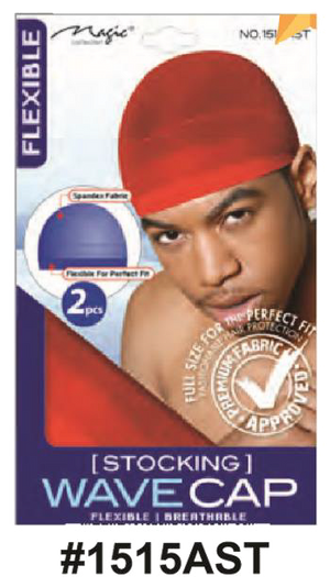 "Magic Collection Stocking Wave Cap in Black red (#1515AST) - Flexible and Breathable, Full Size for Perfect Fit, 2 Pieces, Unisex Design."
