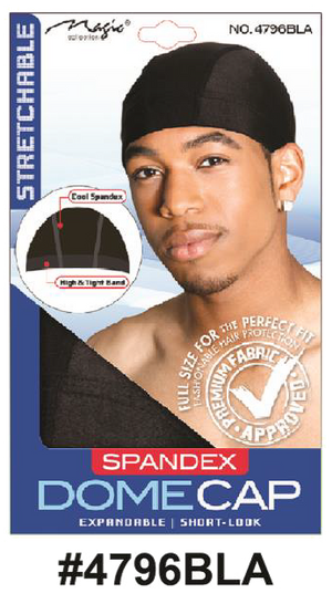 "Magic Spandex Dome Cap in Black (#4796BLA) - Expandable, Stretchable, and Cool Spandex, Full Size for Perfect Fit, Unisex Design."