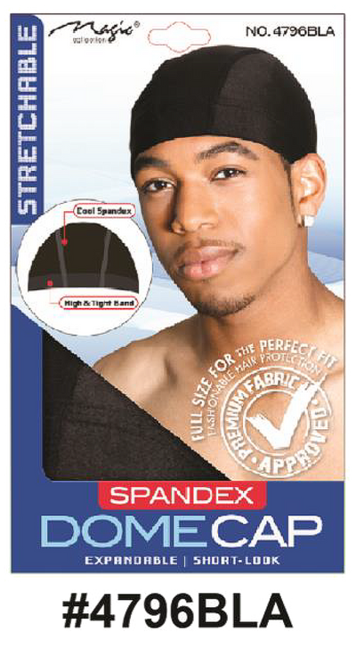"Magic Spandex Dome Cap in Black (#4796BLA) - Expandable, Stretchable, and Cool Spandex, Full Size for Perfect Fit, Unisex Design."