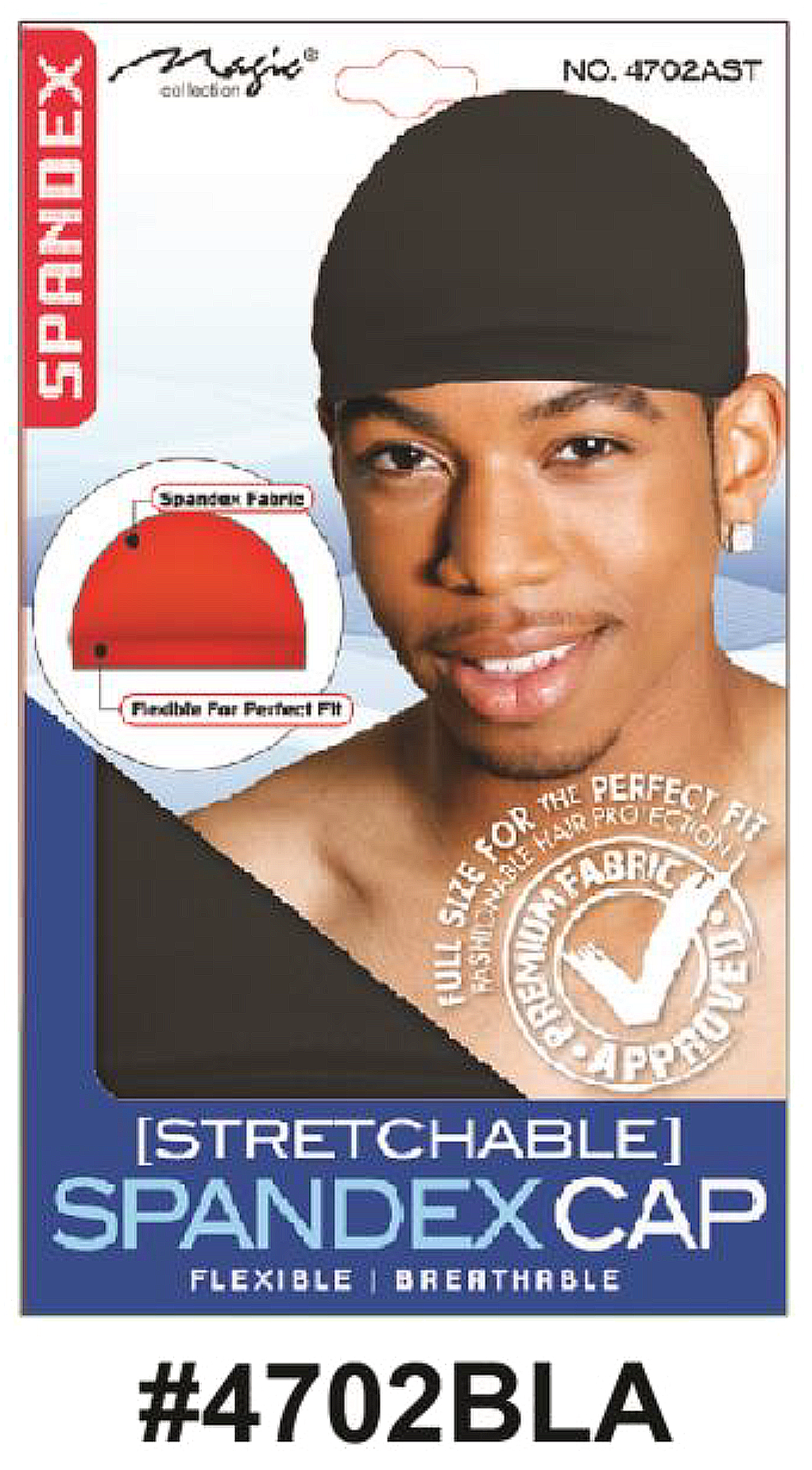 "Packaging for Magic Collection stretchable spandex cap, product number 4702BLA, featuring a red spandex cap, flexible and breathable fabric, and close-up of the spandex material."