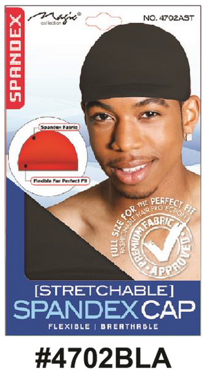 "Packaging for Magic Collection stretchable spandex cap, product number 4702BLA, featuring a red spandex cap, flexible and breathable fabric, and close-up of the spandex material."