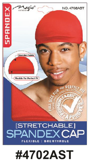 "Packaging for Magic Collection stretchable spandex cap, product number 4702AST, featuring a red spandex cap, flexible and breathable fabric, and close-up of the spandex material."